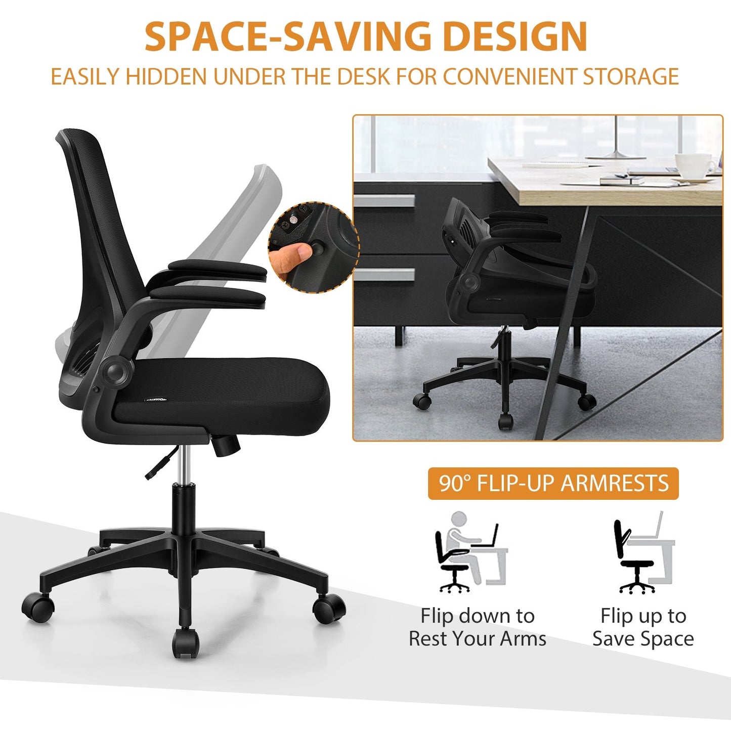 Swivel Mesh Office Chair with Foldable Backrest and Flip-Up Arms, Black Mesh Chairs   at Gallery Canada