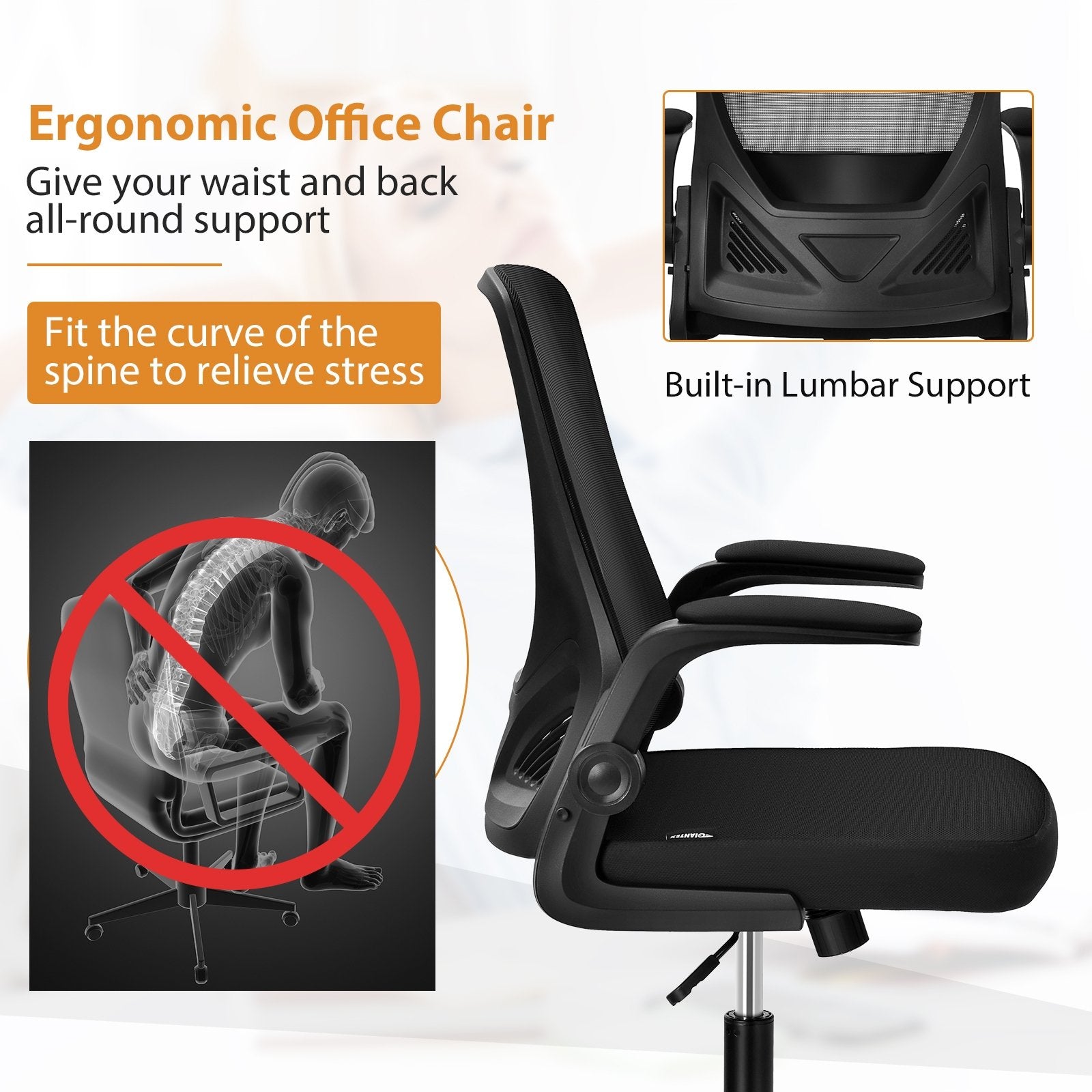 Swivel Mesh Office Chair with Foldable Backrest and Flip-Up Arms, Black Mesh Chairs   at Gallery Canada