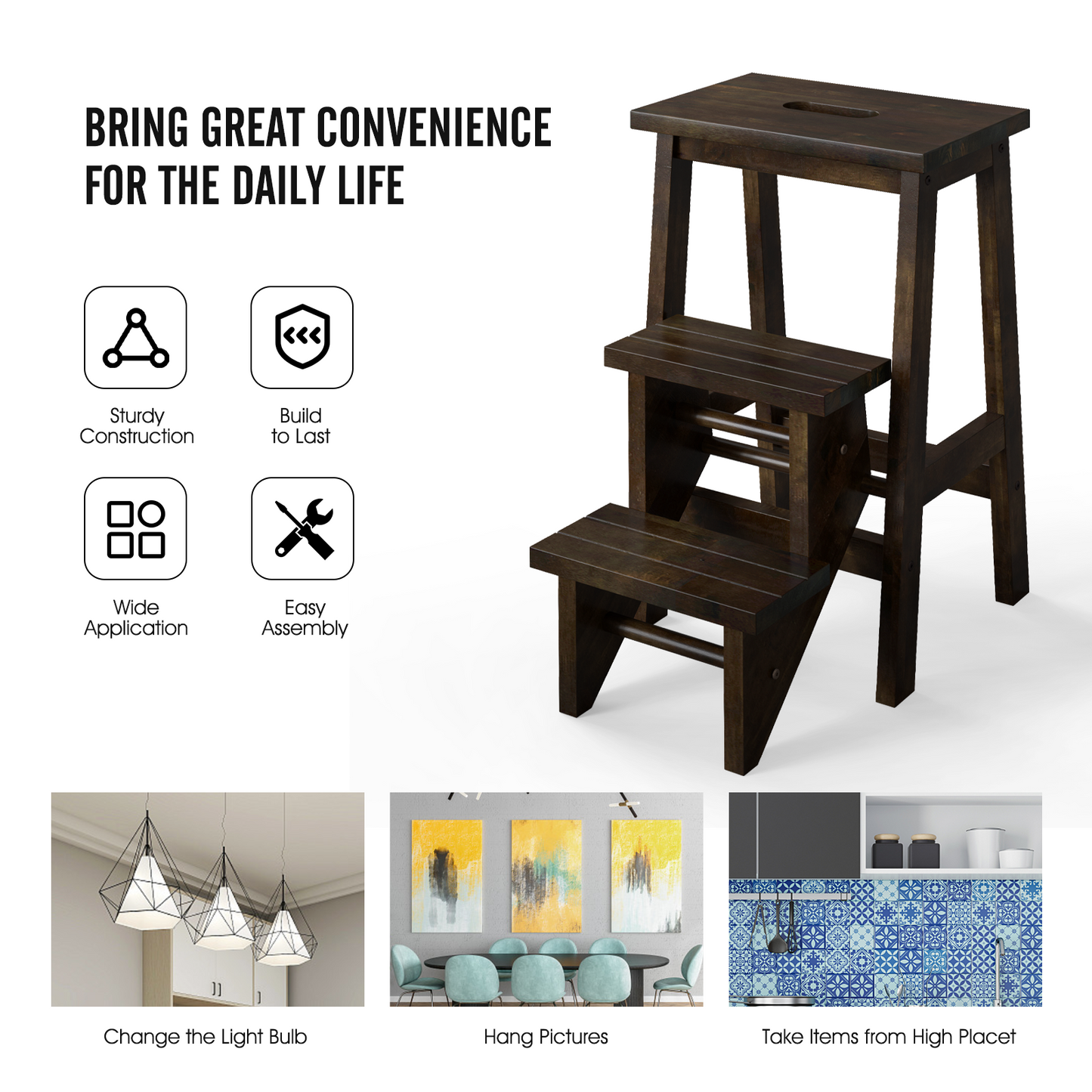 3-in-1 Rubber Wood Step Stool with Convenient Handle, Brown Kitchen Utensils   at Gallery Canada