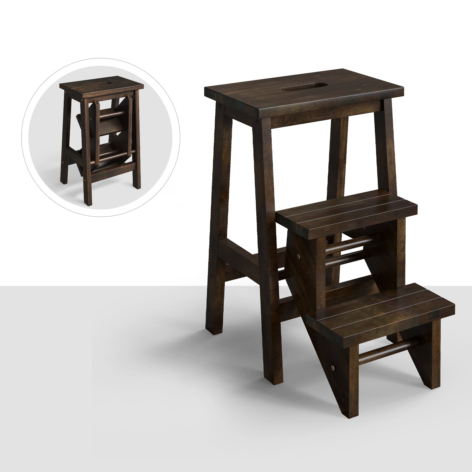 3-in-1 Rubber Wood Step Stool with Convenient Handle, Brown Kitchen Utensils   at Gallery Canada