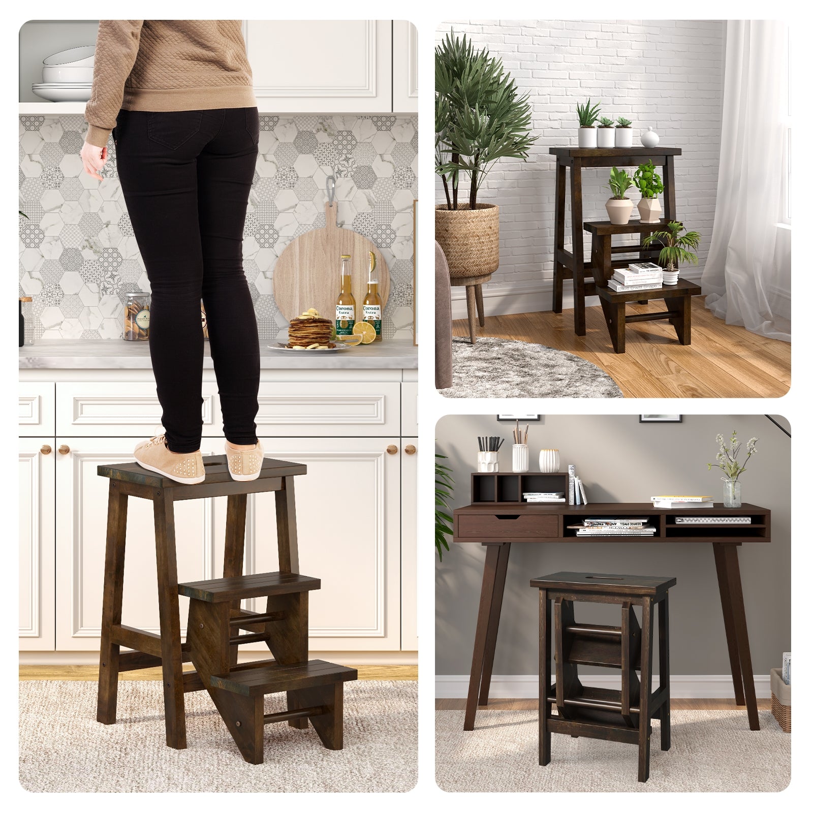 3-in-1 Rubber Wood Step Stool with Convenient Handle, Brown Kitchen Utensils   at Gallery Canada