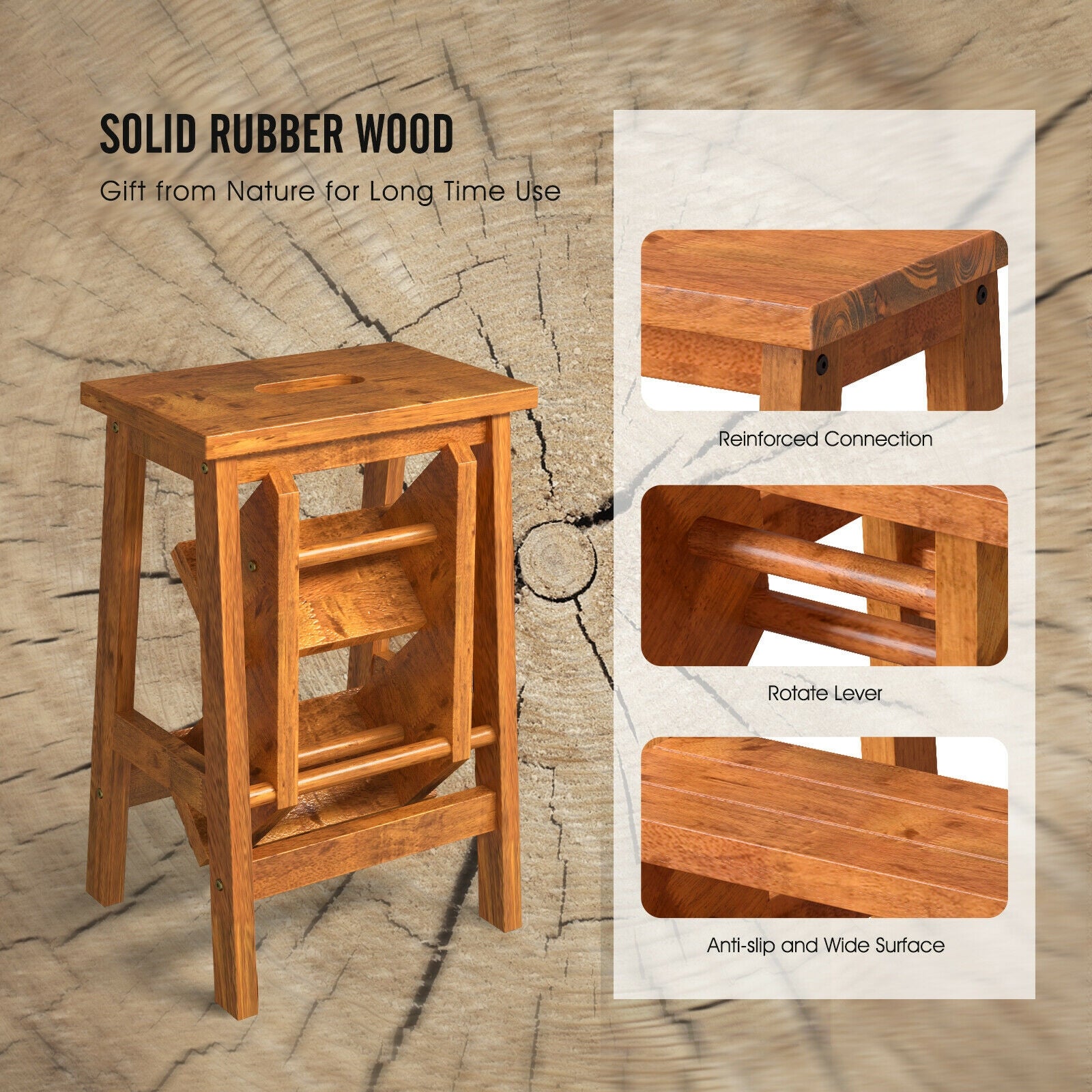 3-in-1 Rubber Wood Step Stool with Convenient Handle, Coffee Kitchen Utensils   at Gallery Canada