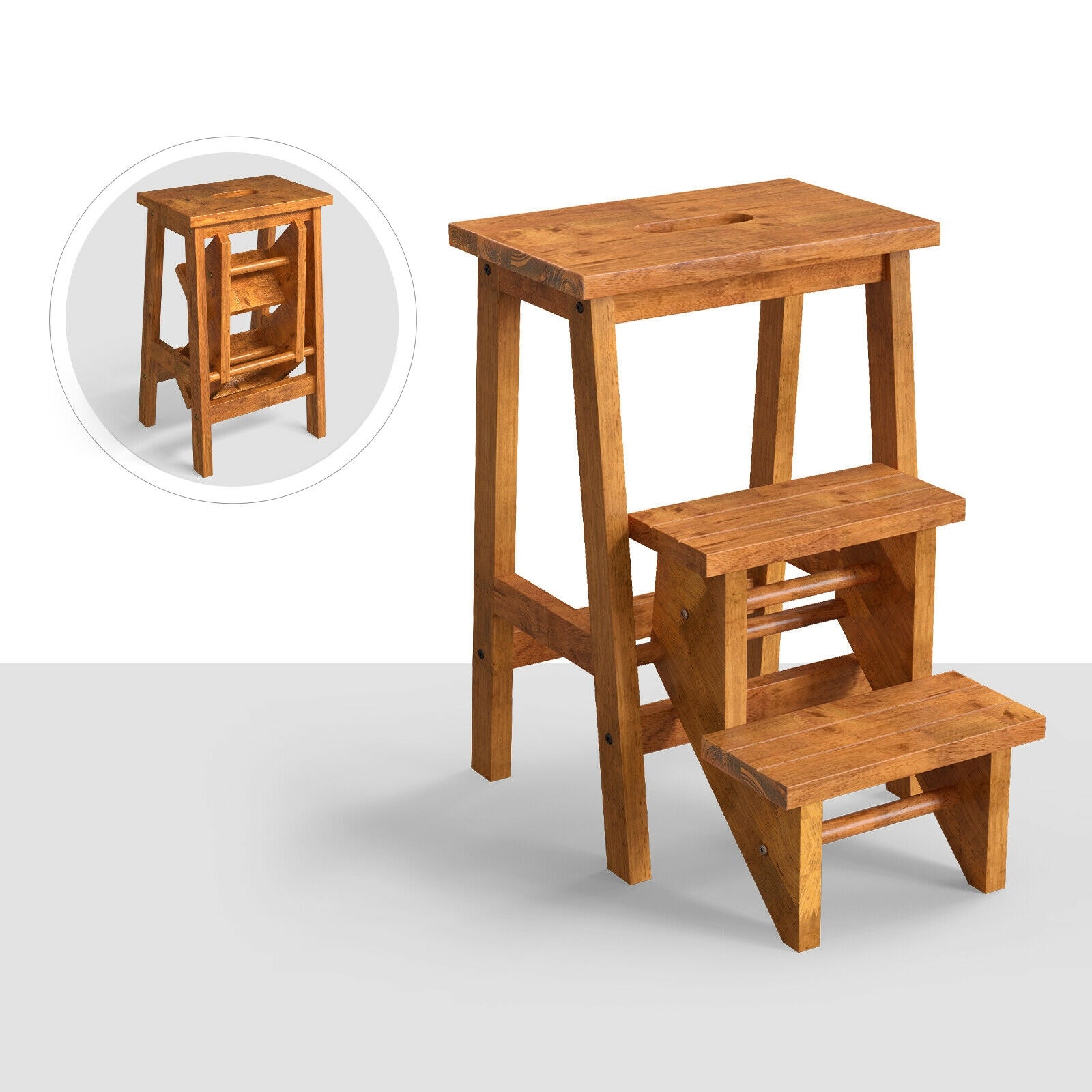 3-in-1 Rubber Wood Step Stool with Convenient Handle, Coffee Kitchen Utensils   at Gallery Canada