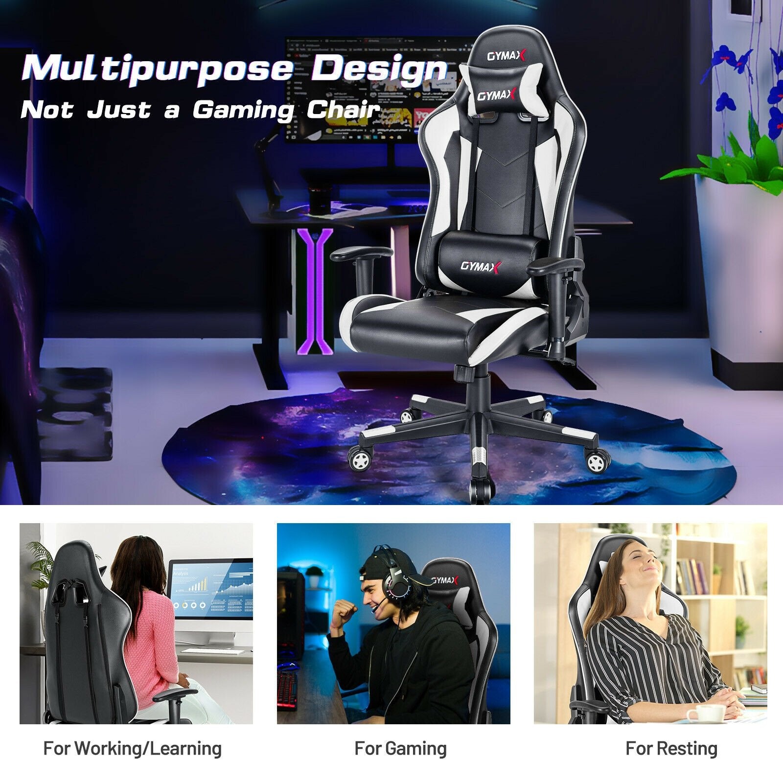 Gaming Chair Adjustable Swivel Racing Style Computer Office Chair, White Gaming Chairs   at Gallery Canada