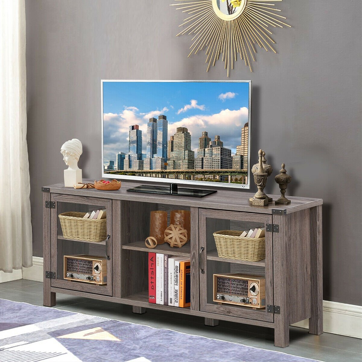 TV Stand Entertainment Center for TV's with Storage Cabinets, Gray - Gallery Canada