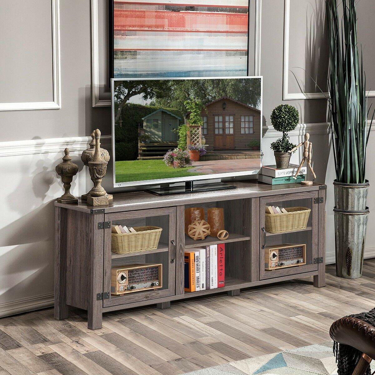 TV Stand Entertainment Center for TV's with Storage Cabinets, Gray - Gallery Canada