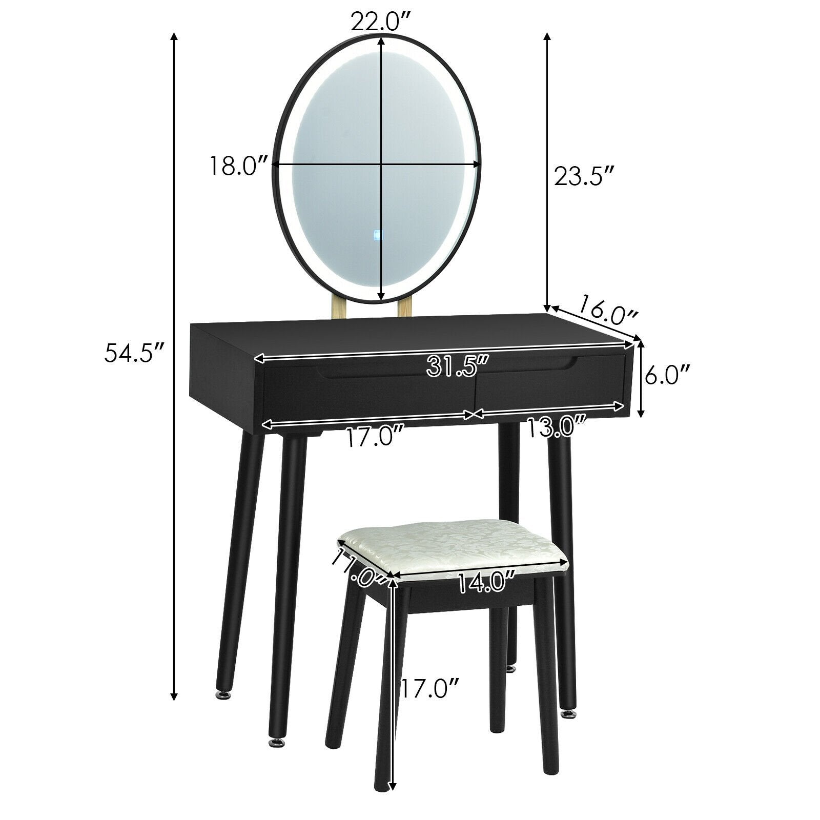 Touch Screen Vanity Makeup Table Stool Set, Black - Gallery Canada