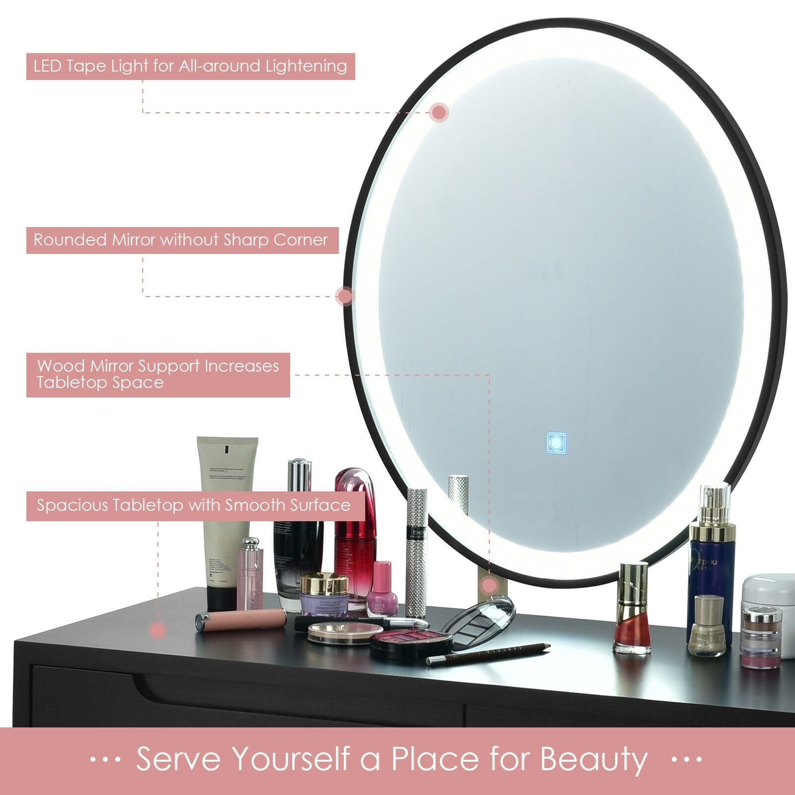 Touch Screen Vanity Makeup Table Stool Set, Black Makeup Vanities   at Gallery Canada