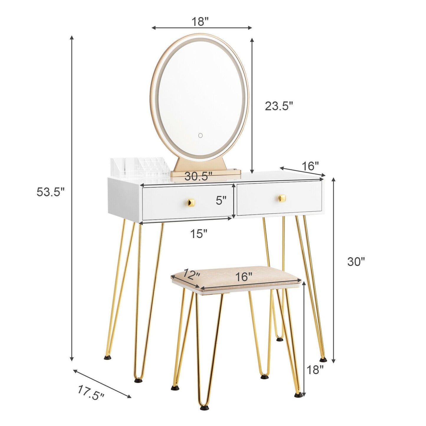 Industrial Makeup Dressing Table with 3 Lighting Modes, White Makeup Vanities   at Gallery Canada