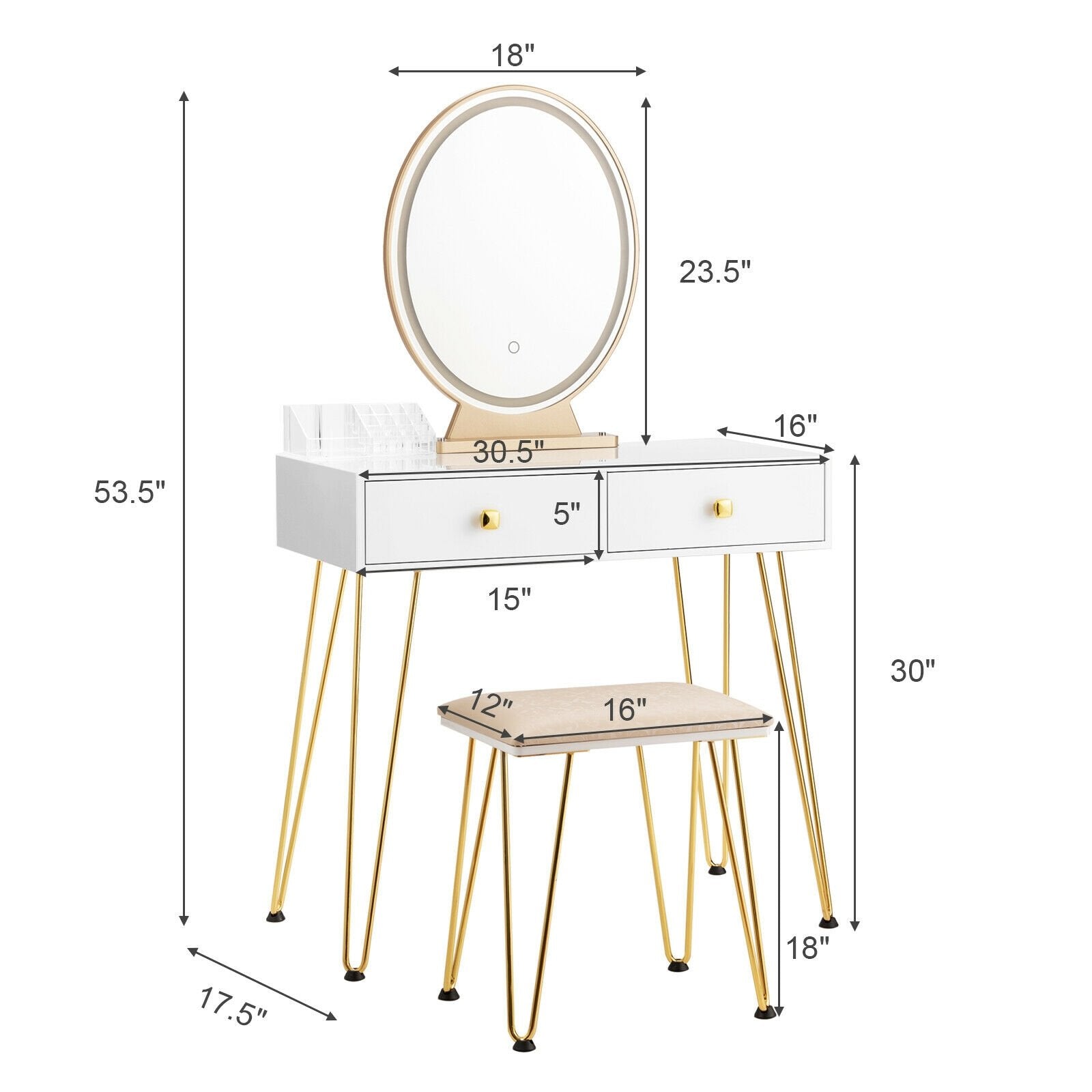 Industrial Makeup Dressing Table with 3 Lighting Modes, White Makeup Vanities   at Gallery Canada