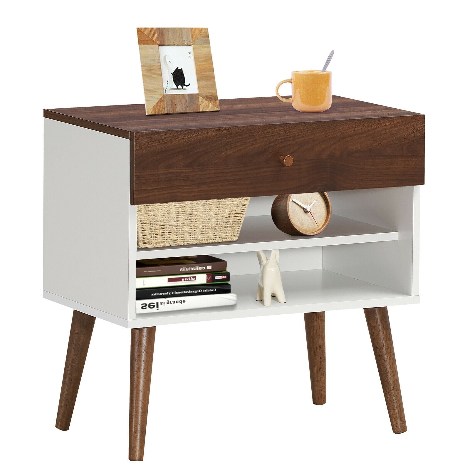 Mid-Century Nightstand with Drawer and Rubber Wood Legs, Brown Nightstands   at Gallery Canada