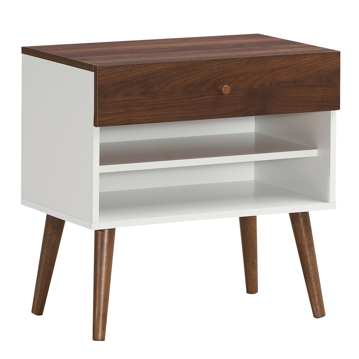 Mid-Century Nightstand with Drawer and Rubber Wood Legs, Brown Nightstands   at Gallery Canada