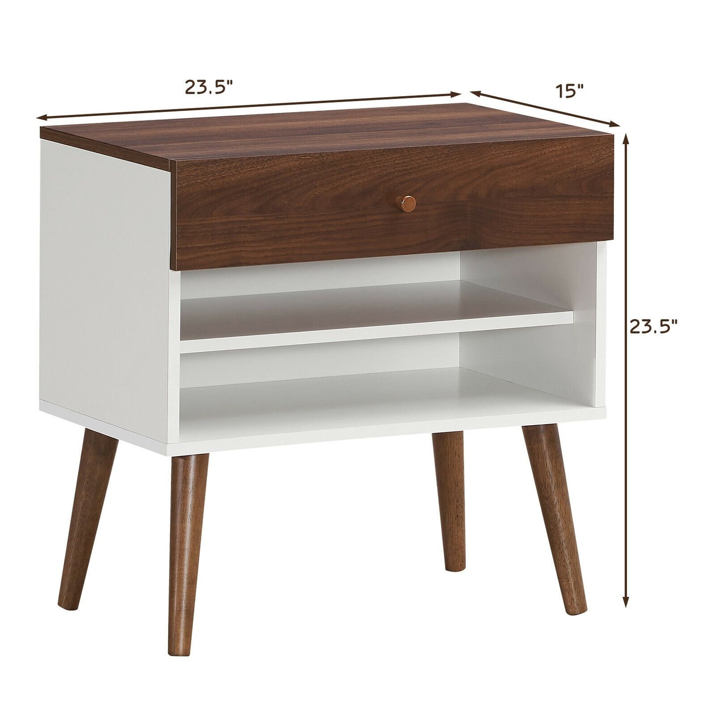 Mid-Century Nightstand with Drawer and Rubber Wood Legs, Brown Nightstands   at Gallery Canada