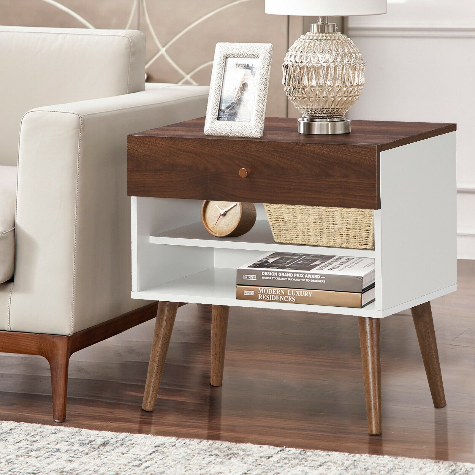 Mid-Century Nightstand with Drawer and Rubber Wood Legs, Brown Nightstands   at Gallery Canada