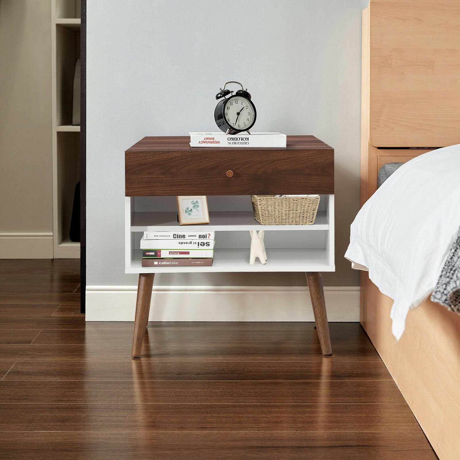 Mid-Century Nightstand with Drawer and Rubber Wood Legs, Brown Nightstands   at Gallery Canada