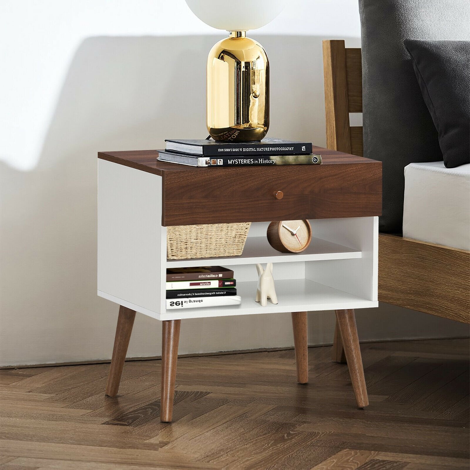 Mid-Century Nightstand with Drawer and Rubber Wood Legs, Brown Nightstands   at Gallery Canada