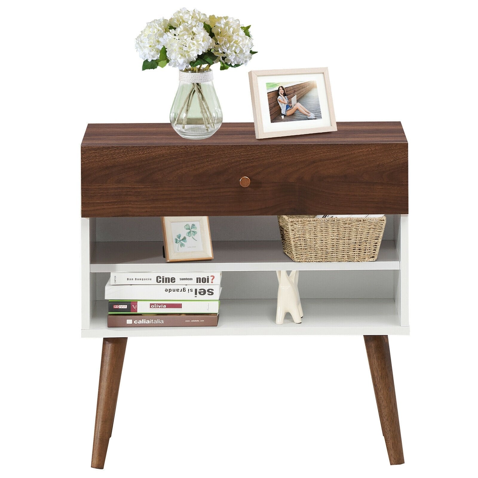 Mid-Century Nightstand with Drawer and Rubber Wood Legs, Brown Nightstands   at Gallery Canada