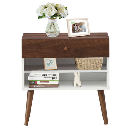 Mid-Century Nightstand with Drawer and Rubber Wood Legs, Brown - Gallery Canada