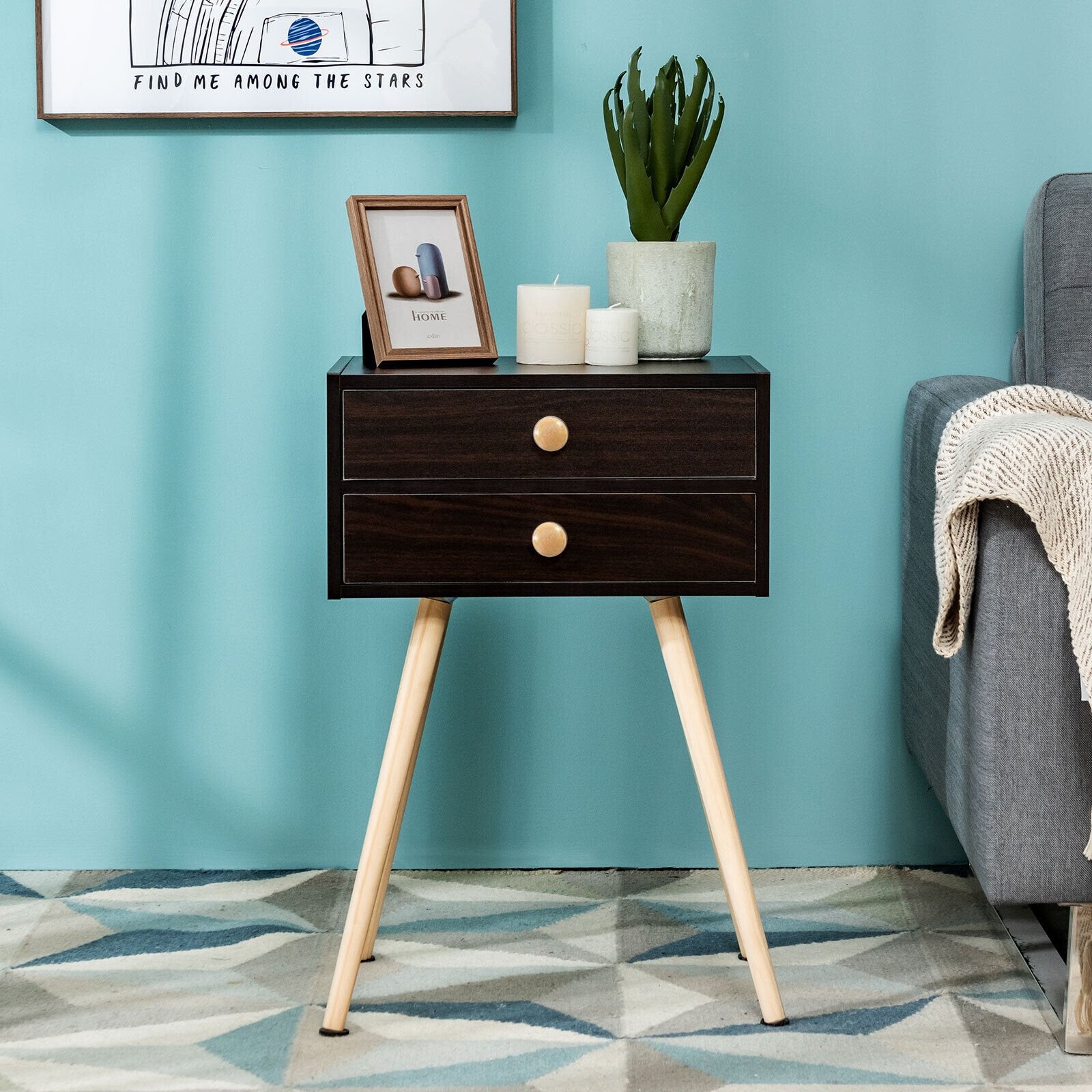 Mid Century Modern 2 Drawers Nightstand in Natural, Brown Nightstands   at Gallery Canada