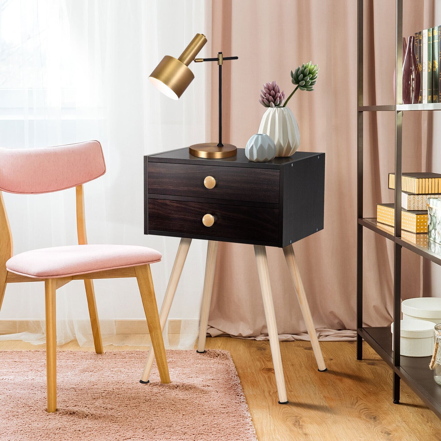 Mid Century Modern 2 Drawers Nightstand in Natural, Brown Nightstands   at Gallery Canada