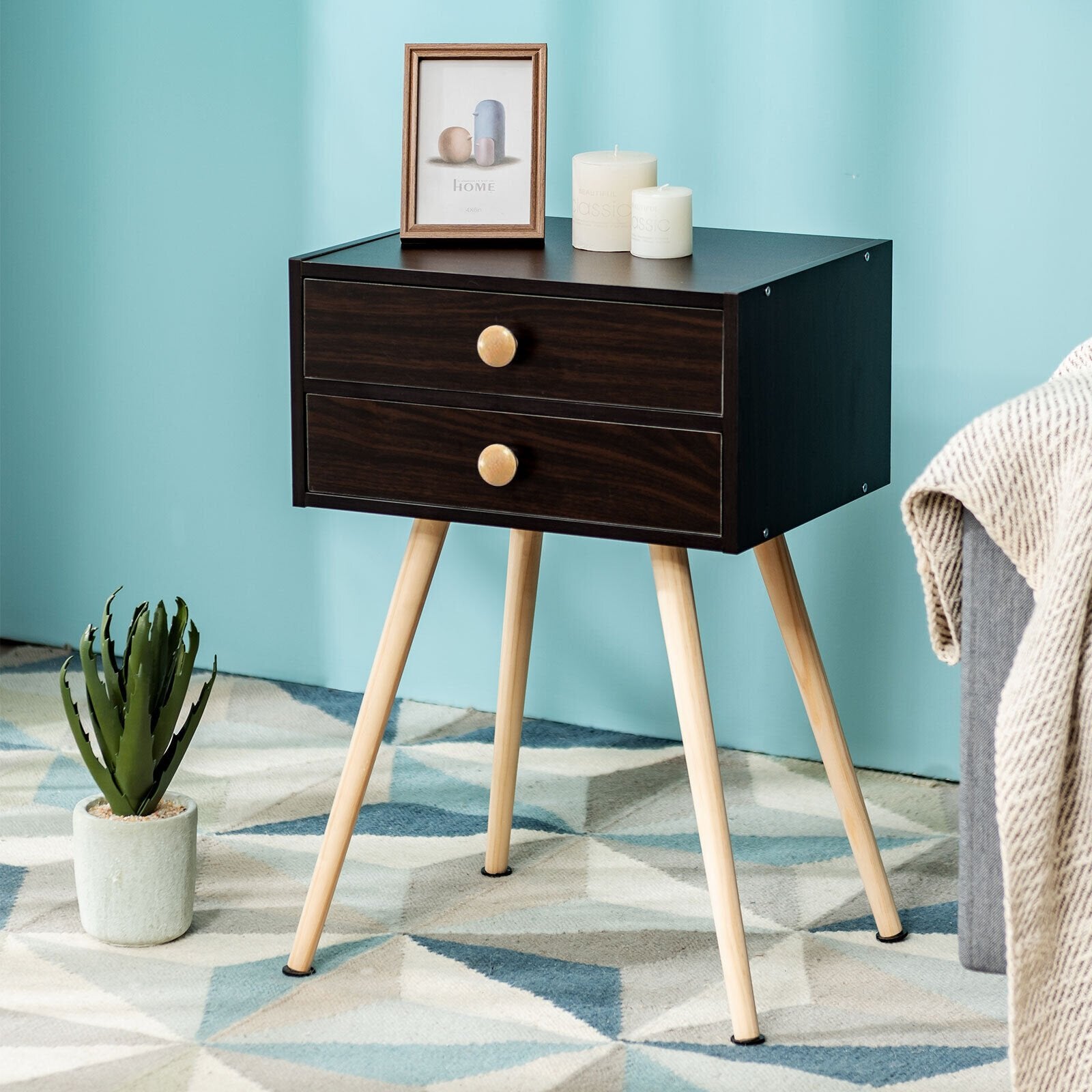 Mid Century Modern 2 Drawers Nightstand in Natural, Brown Nightstands   at Gallery Canada