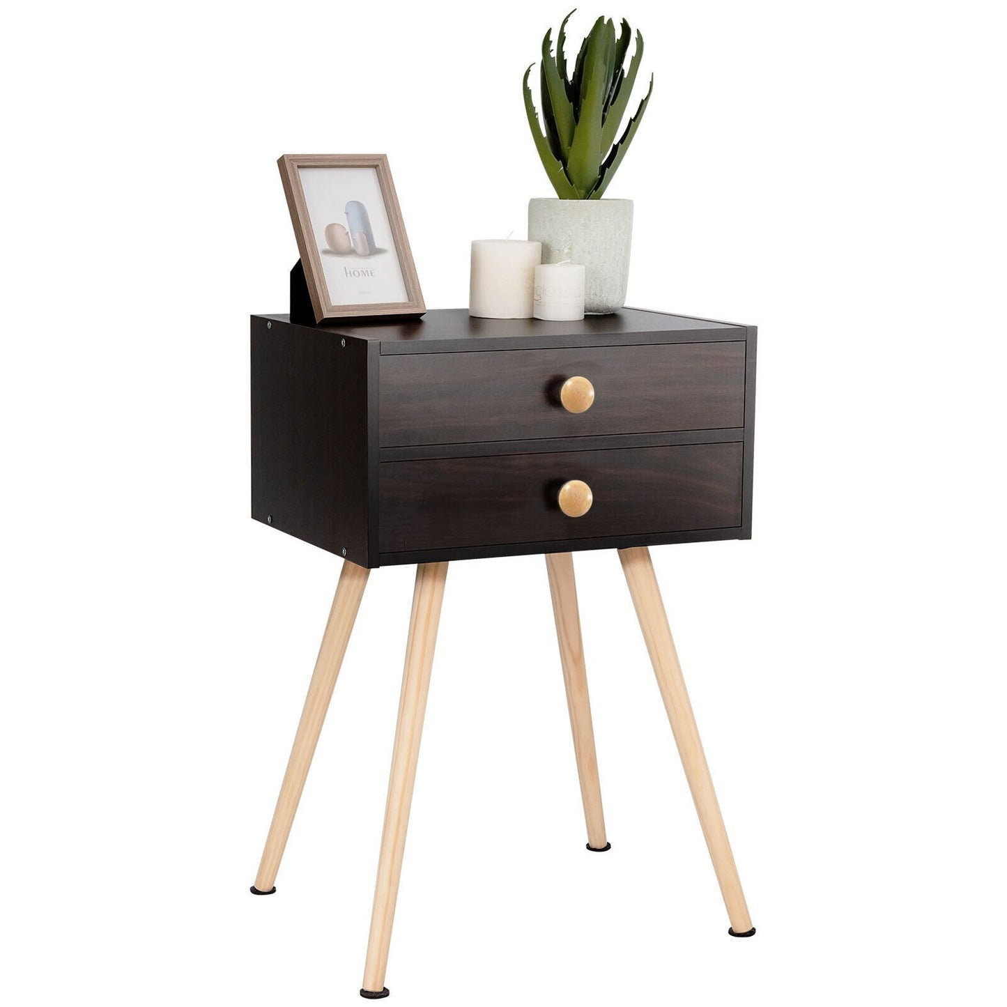 Mid Century Modern 2 Drawers Nightstand in Natural, Brown - Gallery Canada