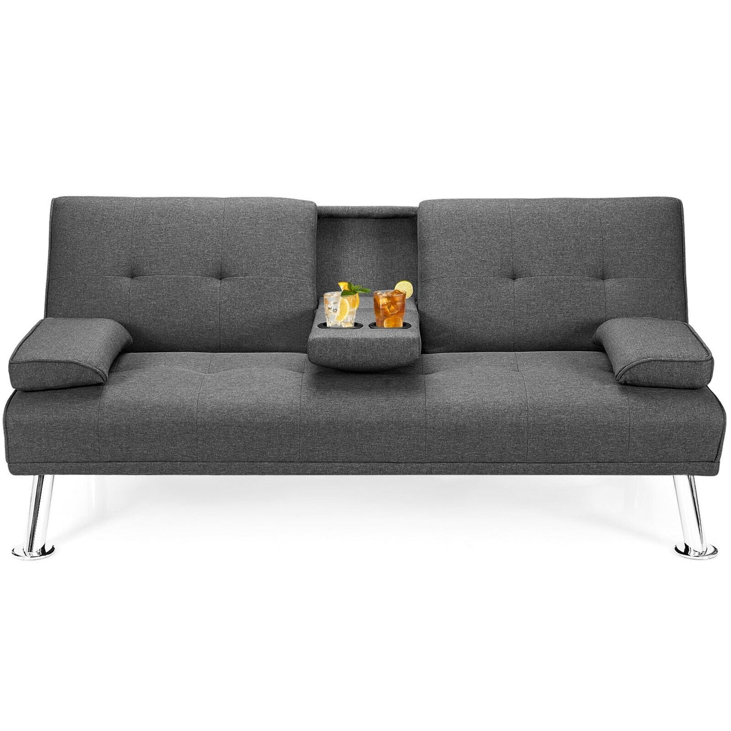 Convertible Folding Futon Sofa Bed Fabric with 2 Cup Holders, Dark Gray Sofas & Loveseats   at Gallery Canada