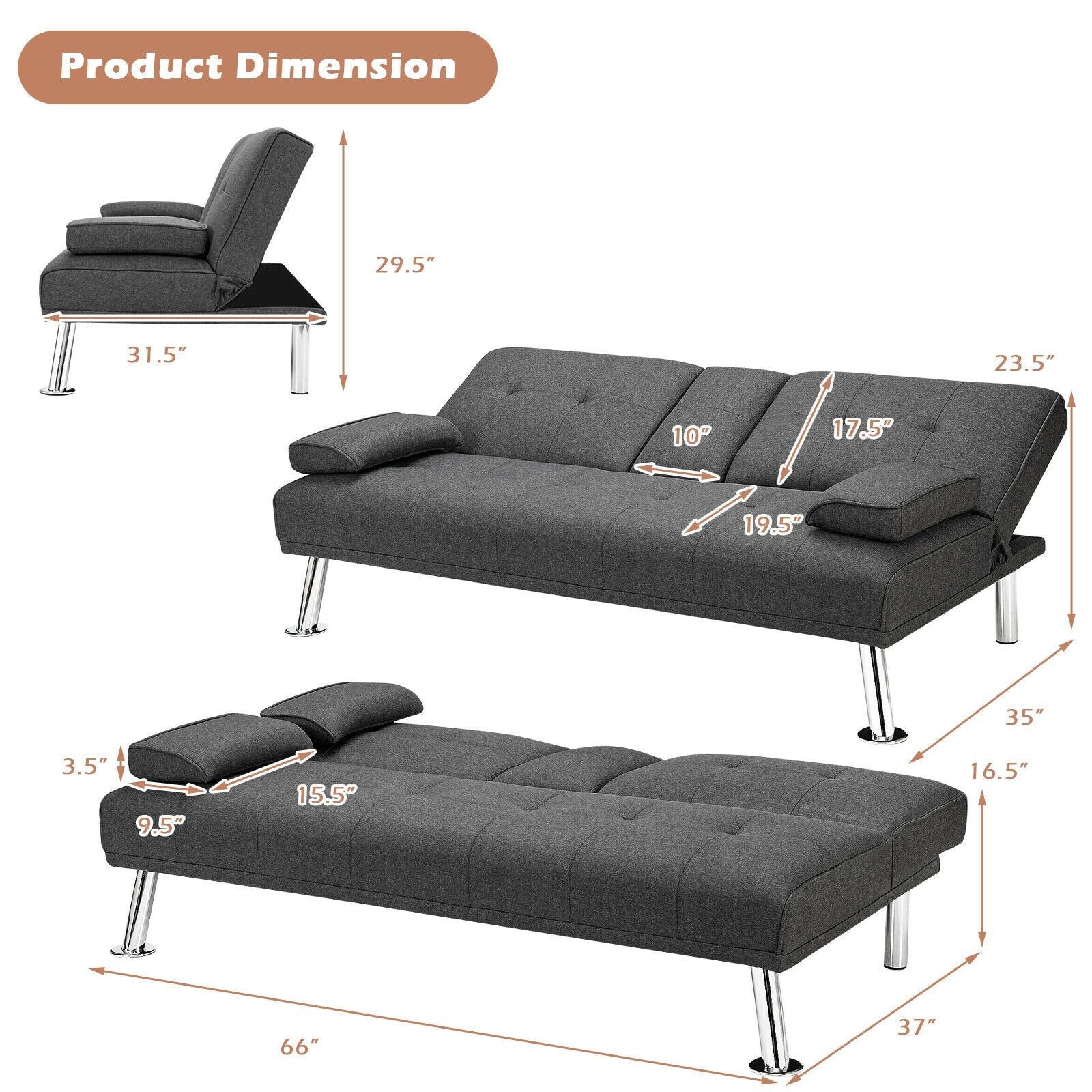 Convertible Folding Futon Sofa Bed Fabric with 2 Cup Holders, Dark Gray Sofas & Loveseats   at Gallery Canada