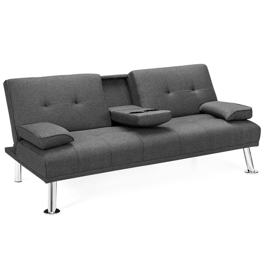 Convertible Folding Futon Sofa Bed Fabric with 2 Cup Holders, Dark Gray - Gallery Canada