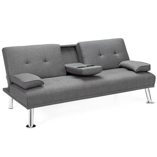 Convertible Folding Futon Sofa Bed Fabric with 2 Cup Holders, Light Gray - Gallery Canada