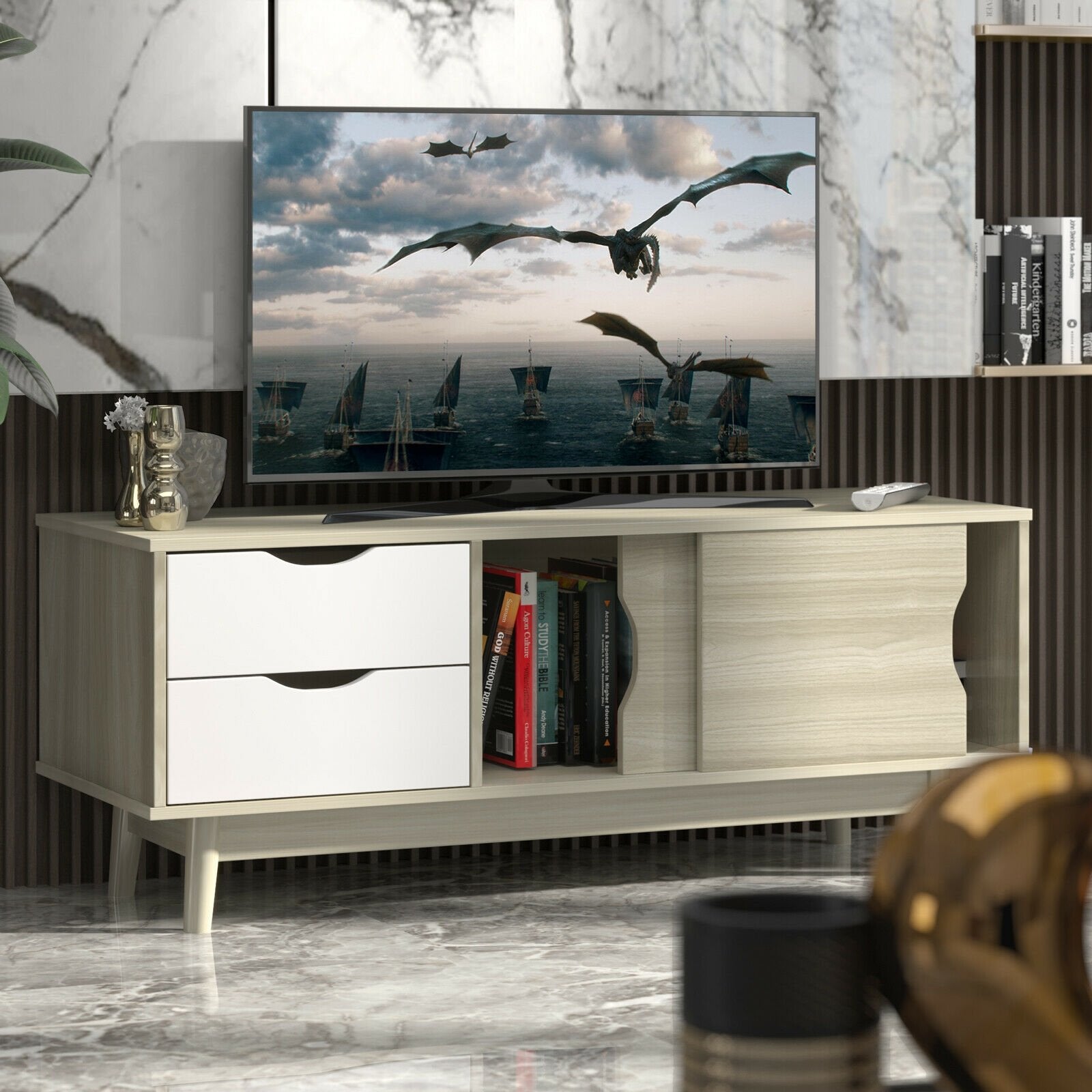 TV Stand for TV up to 60 Inch Media Console Table Storage with Doors, Gray Entertainment Centers & TV Stands   at Gallery Canada