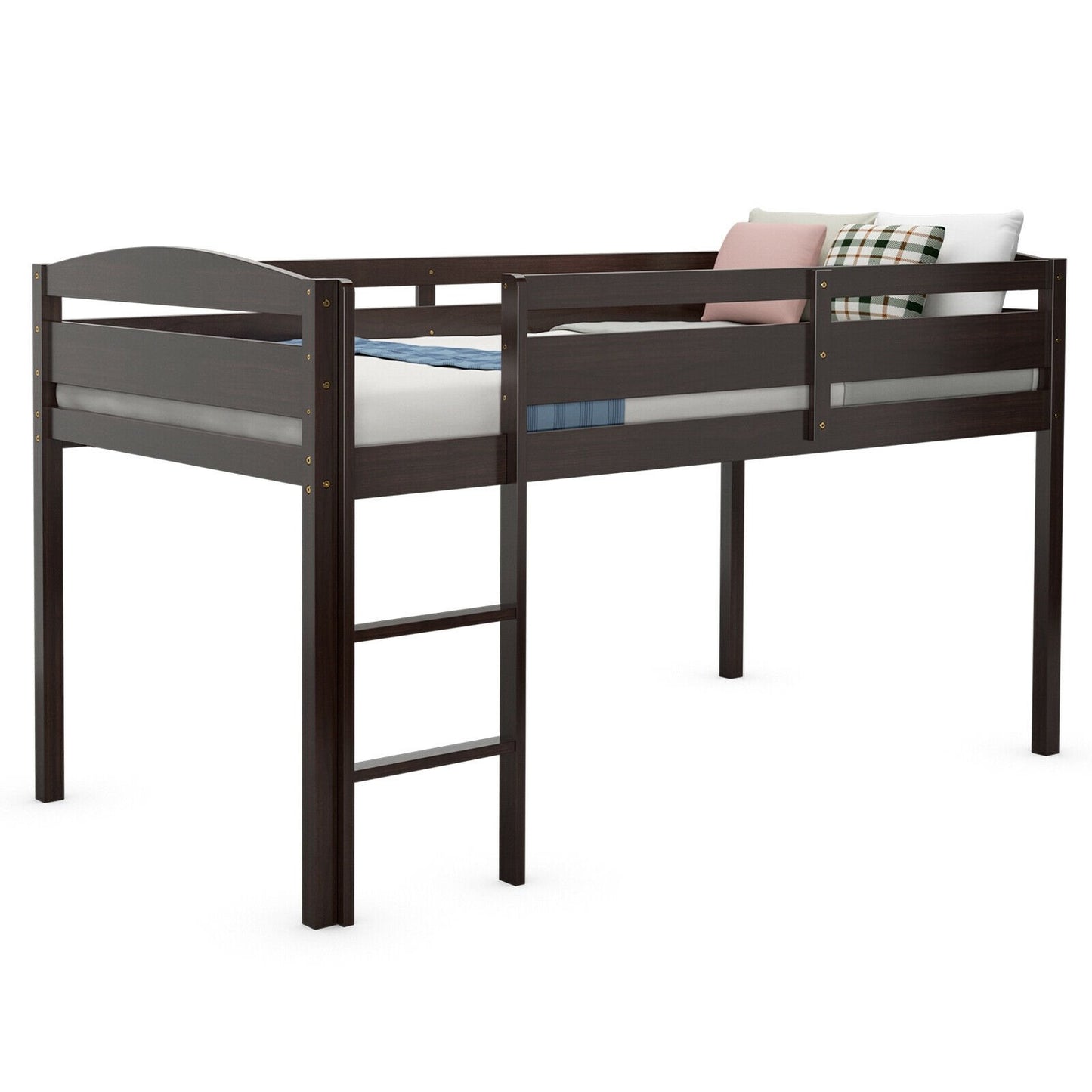 Wooden Twin Low Loft Bunk Bed with Guard Rail and Ladder, Dark Brown Bunk Bed Frame   at Gallery Canada