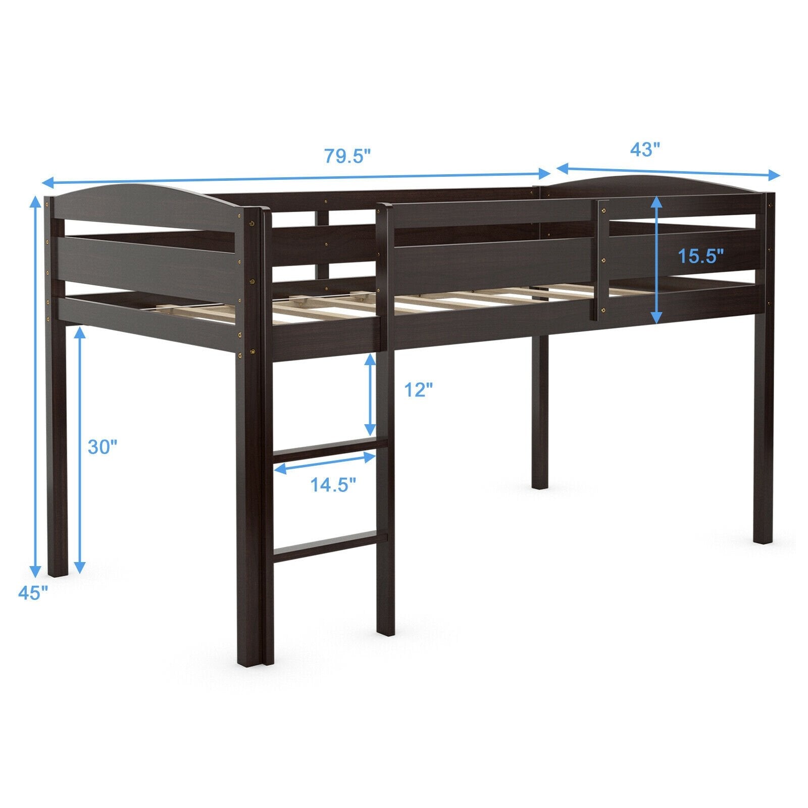 Wooden Twin Low Loft Bunk Bed with Guard Rail and Ladder, Dark Brown Bunk Bed Frame   at Gallery Canada