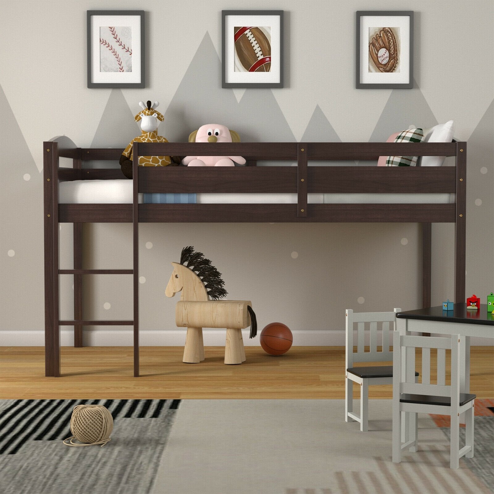 Wooden Twin Low Loft Bunk Bed with Guard Rail and Ladder, Dark Brown Bunk Bed Frame   at Gallery Canada