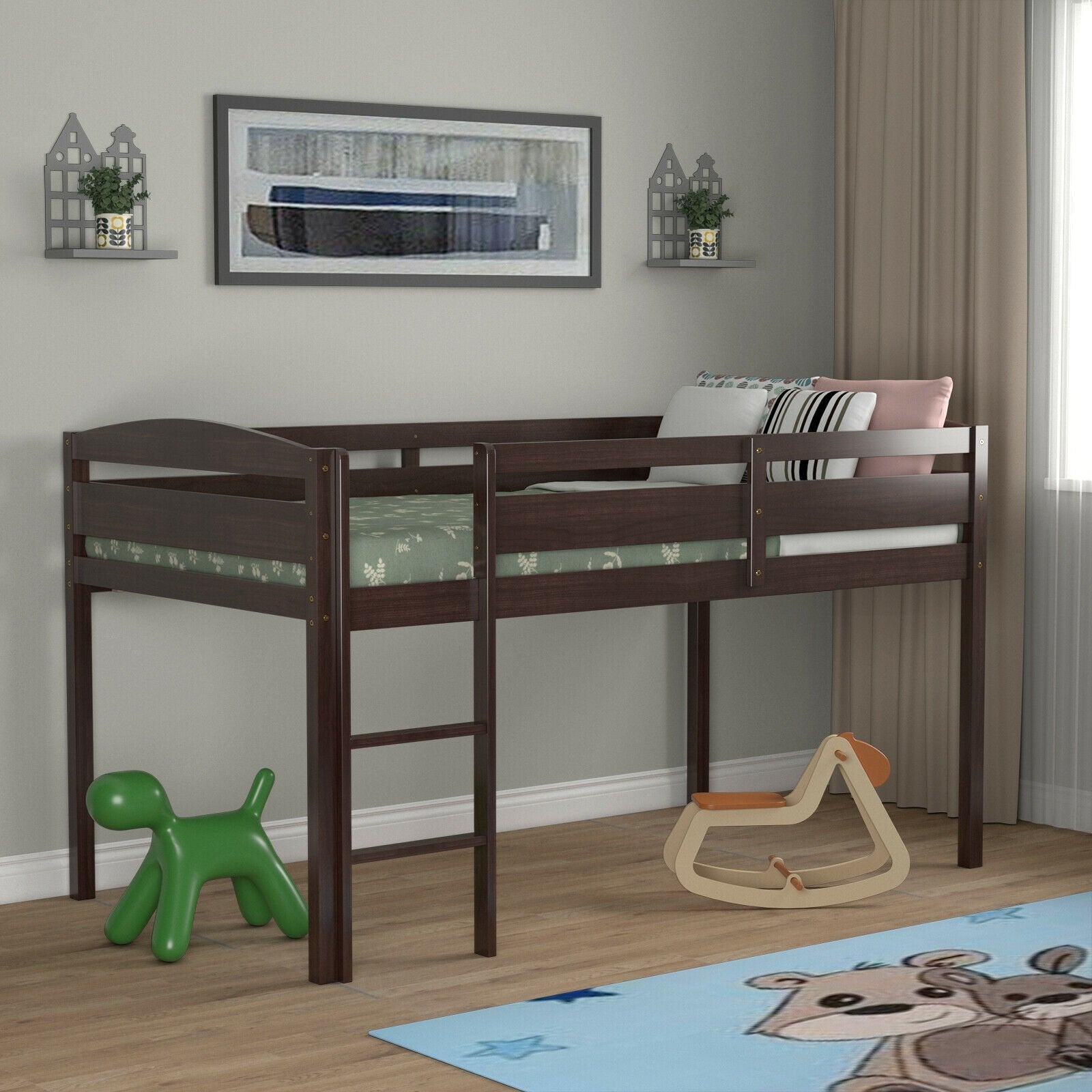 Wooden Twin Low Loft Bunk Bed with Guard Rail and Ladder, Dark Brown Bunk Bed Frame   at Gallery Canada