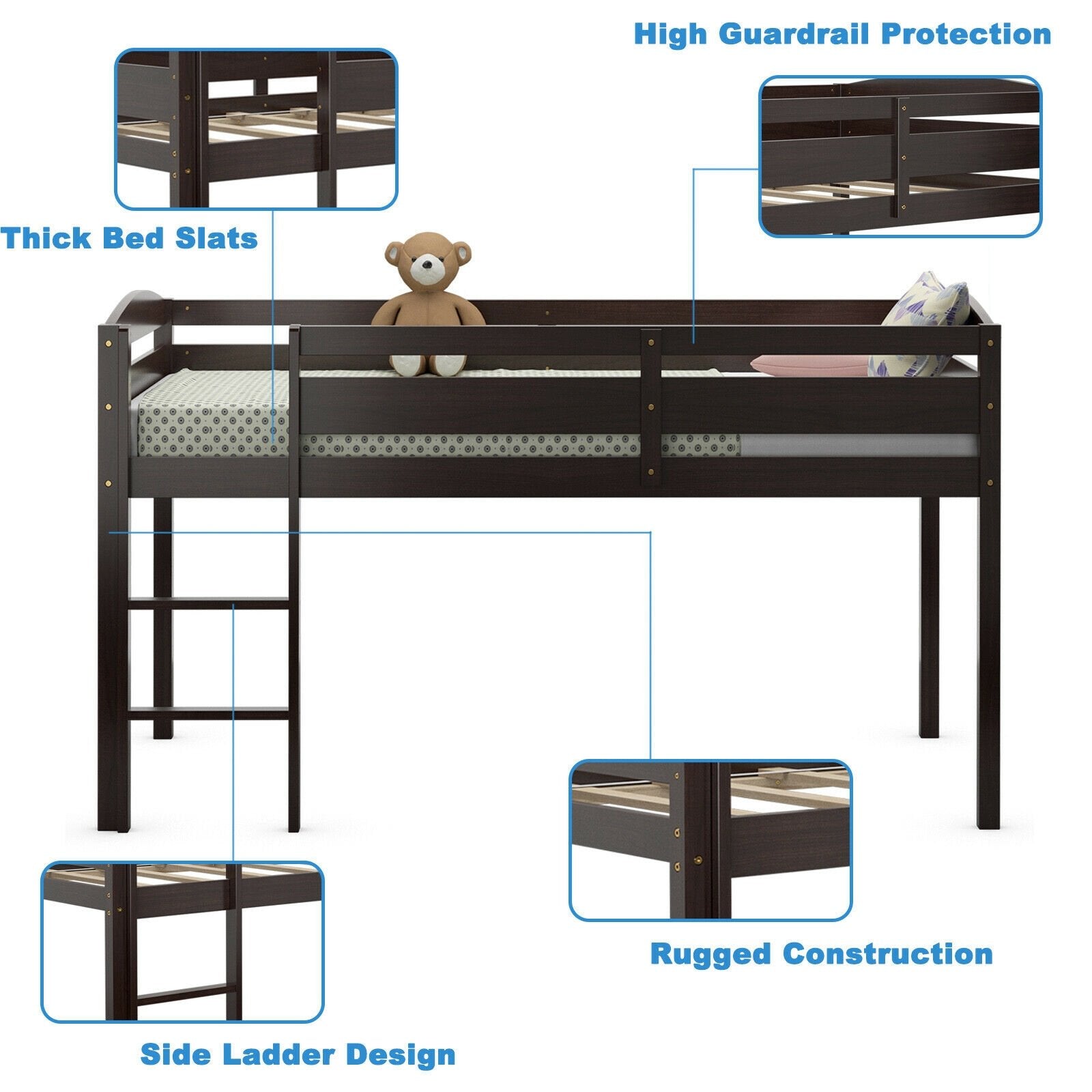 Wooden Twin Low Loft Bunk Bed with Guard Rail and Ladder, Dark Brown Bunk Bed Frame   at Gallery Canada
