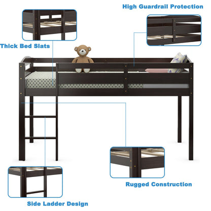 Wooden Twin Low Loft Bunk Bed with Guard Rail and Ladder, Dark Brown - Gallery Canada