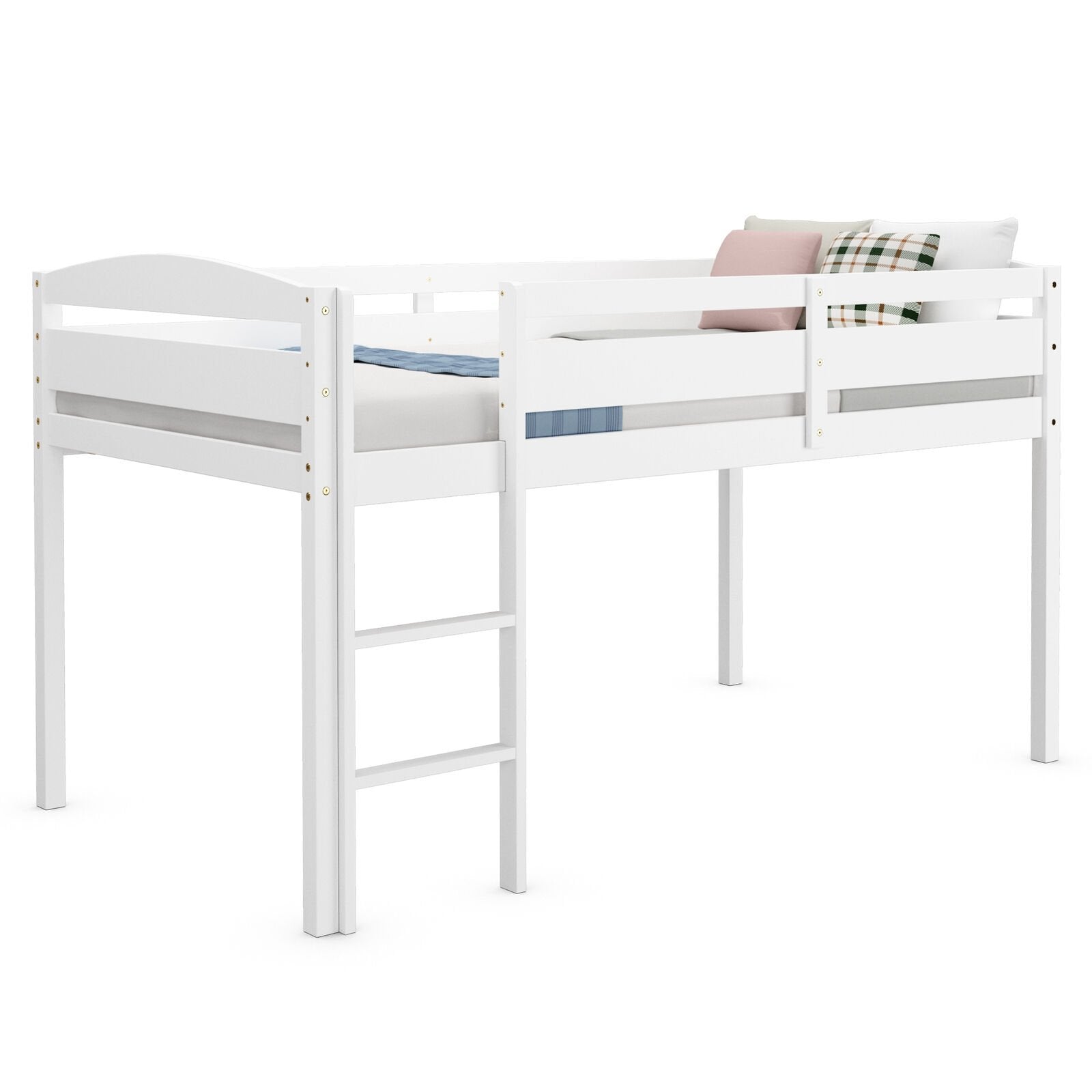 Wooden Twin Low Loft Bunk Bed with Guard Rail and Ladder, White Bunk Bed Frame   at Gallery Canada