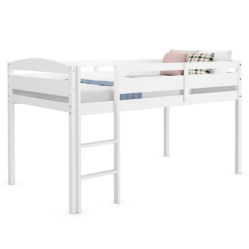 Wooden Twin Low Loft Bunk Bed with Guard Rail and Ladder, White