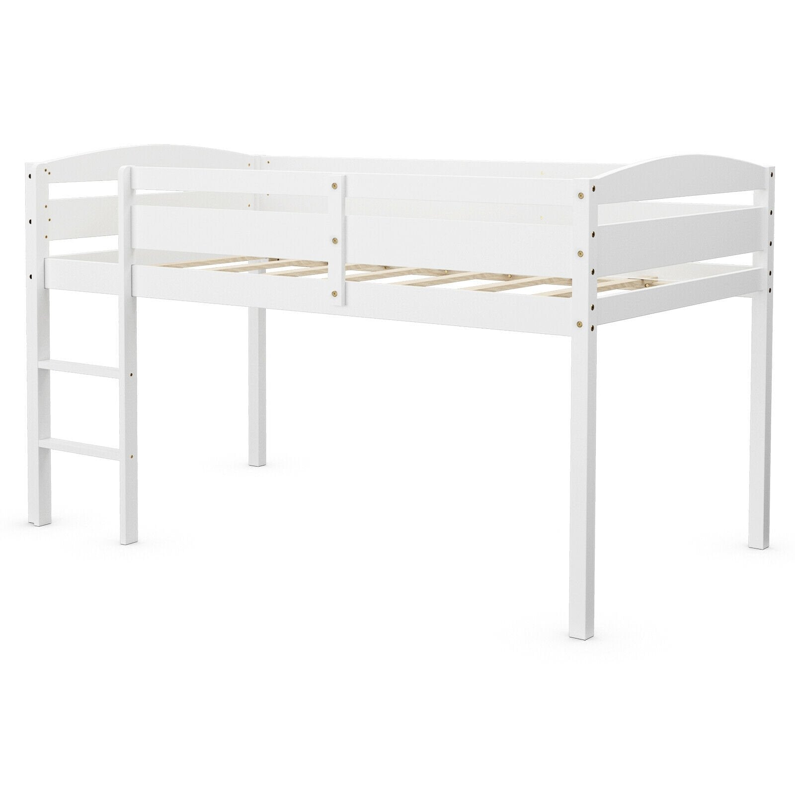 Wooden Twin Low Loft Bunk Bed with Guard Rail and Ladder, White Bunk Bed Frame   at Gallery Canada