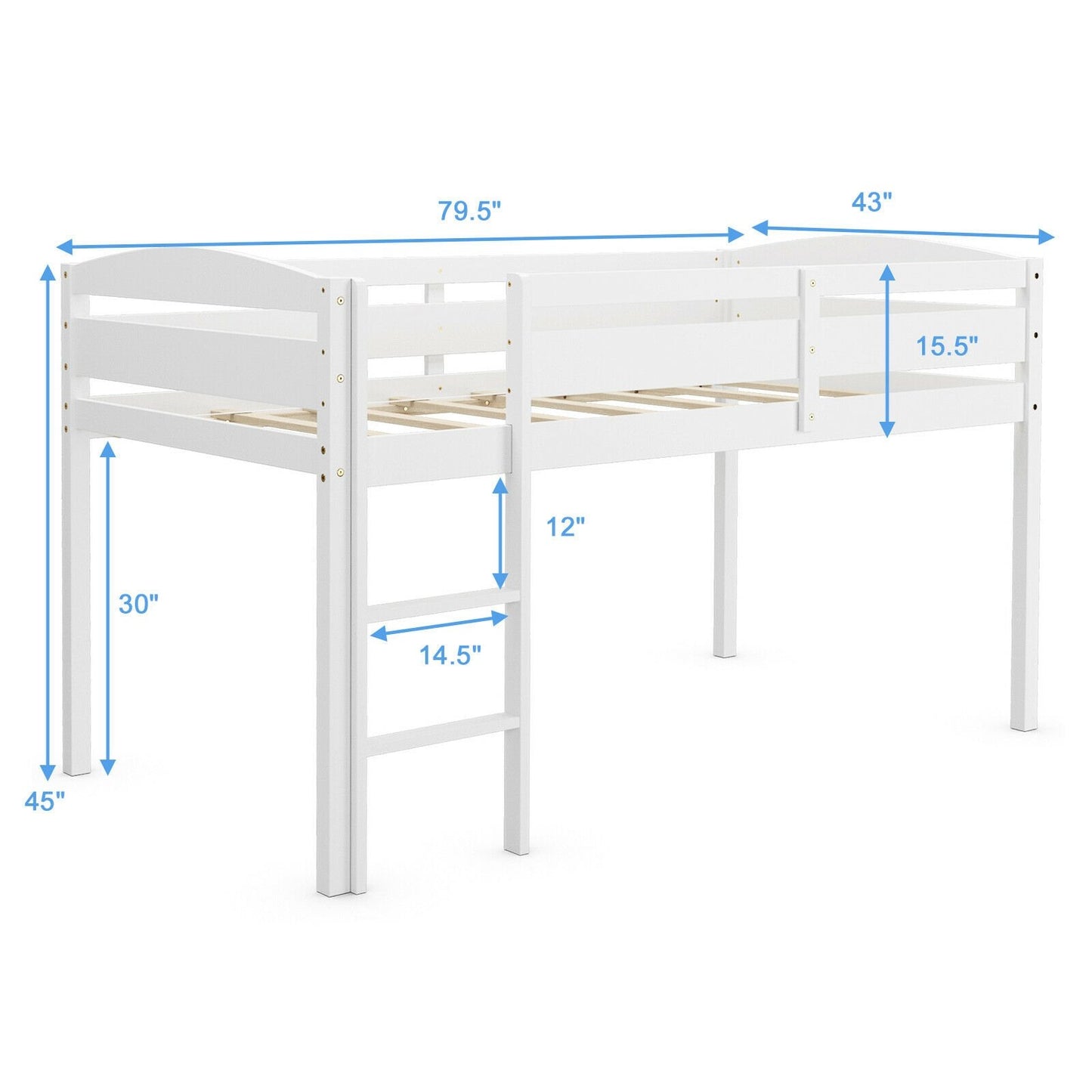 Wooden Twin Low Loft Bunk Bed with Guard Rail and Ladder, White Bunk Bed Frame   at Gallery Canada