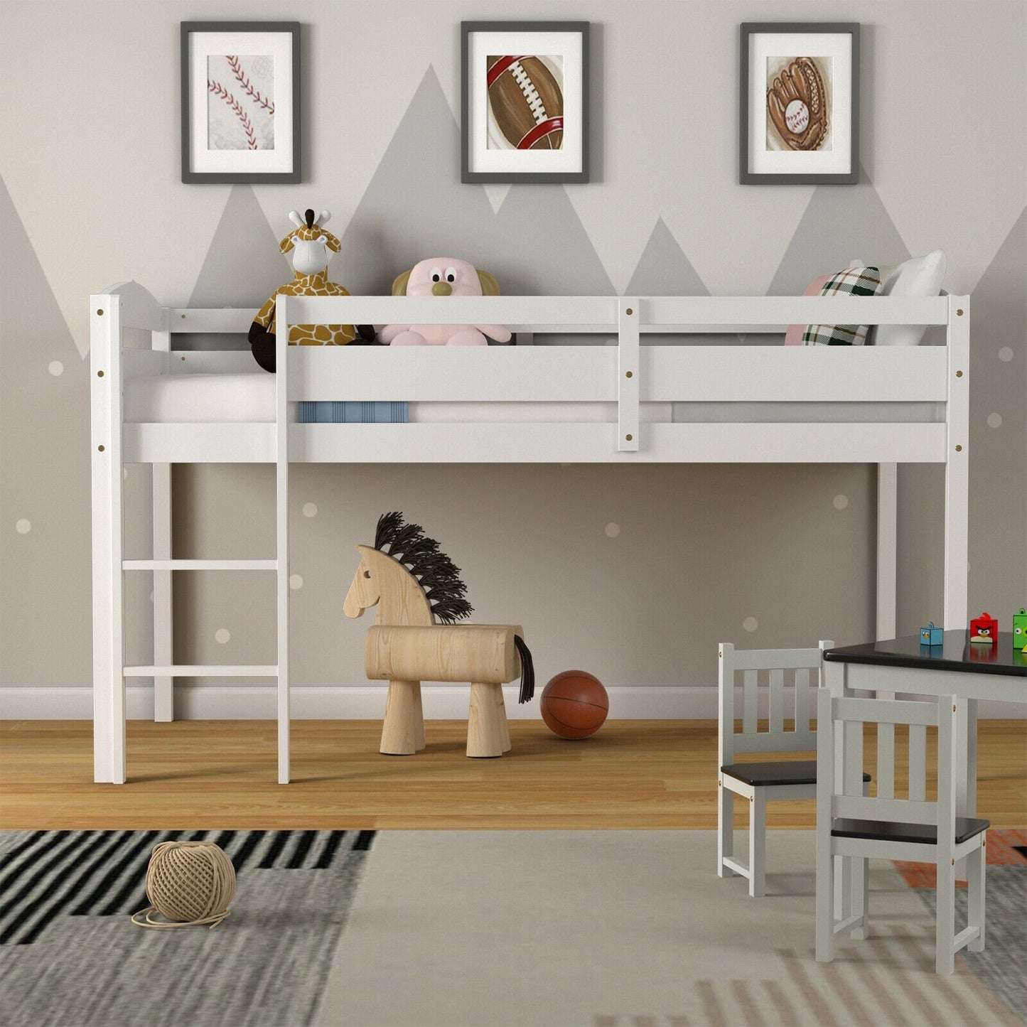 Wooden Twin Low Loft Bunk Bed with Guard Rail and Ladder, White Bunk Bed Frame   at Gallery Canada