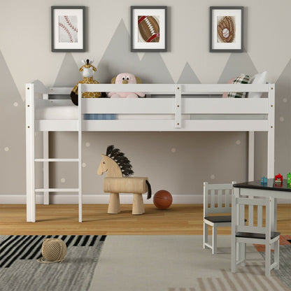 Wooden Twin Low Loft Bunk Bed with Guard Rail and Ladder, White Bunk Bed Frame   at Gallery Canada