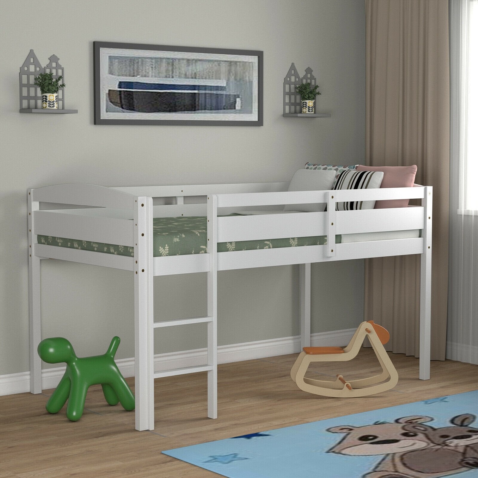 Wooden Twin Low Loft Bunk Bed with Guard Rail and Ladder, White Bunk Bed Frame   at Gallery Canada