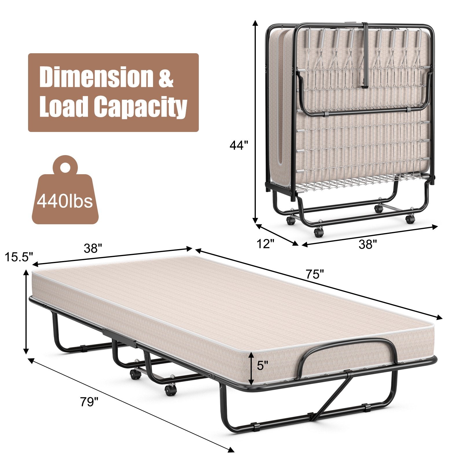 Rollaway Guest Bed with Sturdy Steel Frame and Memory Foam Mattress Made in Italy, Beige Folding Beds   at Gallery Canada