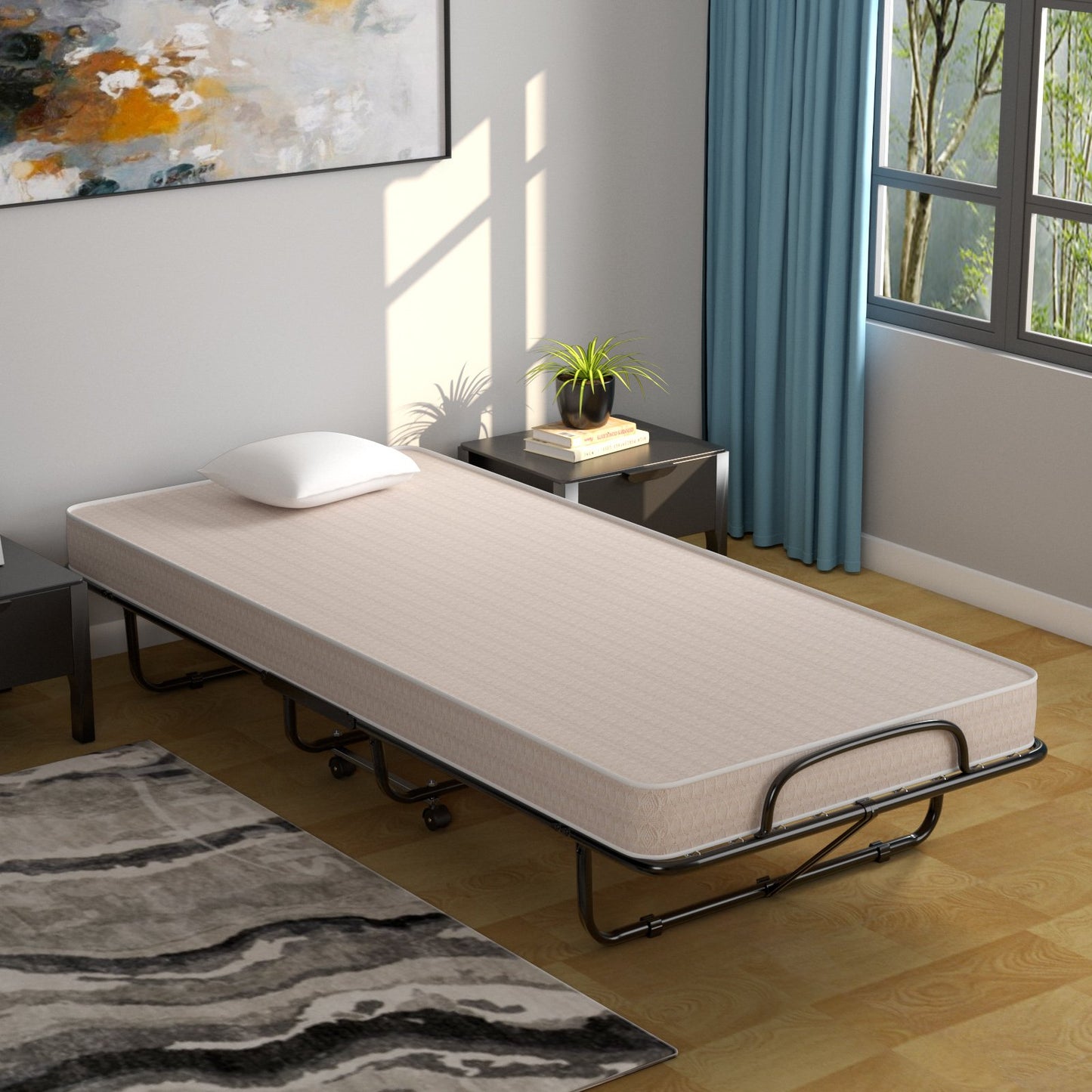 Rollaway Guest Bed with Sturdy Steel Frame and Memory Foam Mattress Made in Italy, Beige Folding Beds   at Gallery Canada