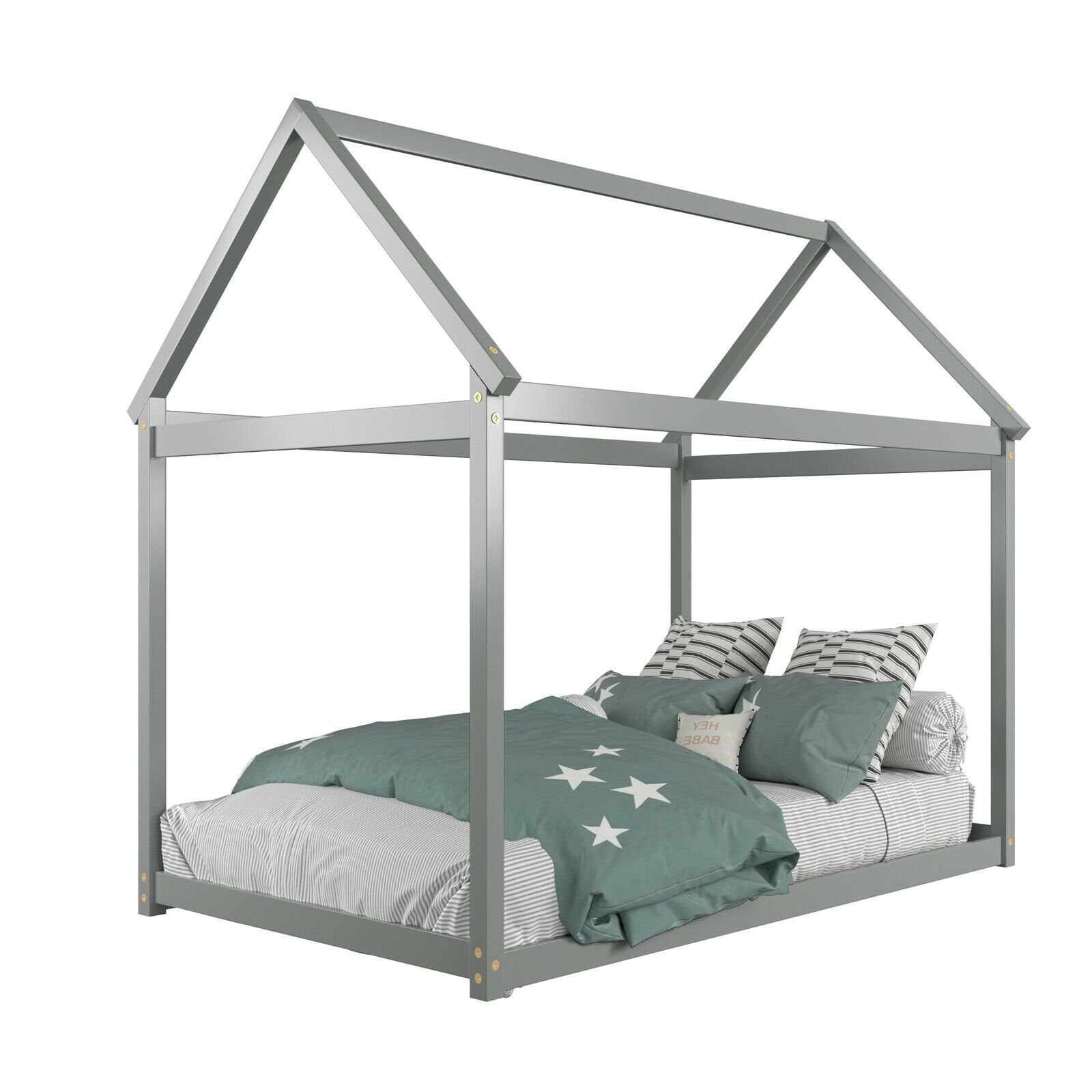 Stable Kids Platform Floor Bed with Roof and Heavy-Duty Slats, Gray Simple Bed Frame   at Gallery Canada