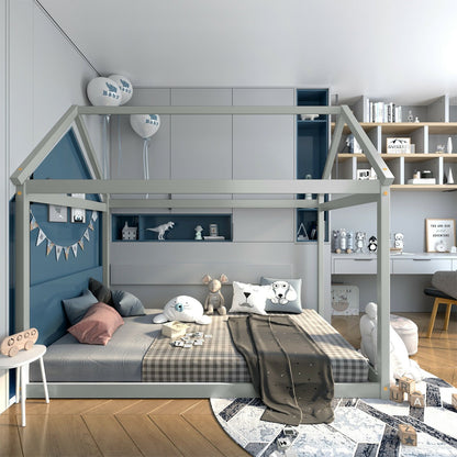 Stable Kids Platform Floor Bed with Roof and Heavy-Duty Slats, Gray Simple Bed Frame   at Gallery Canada