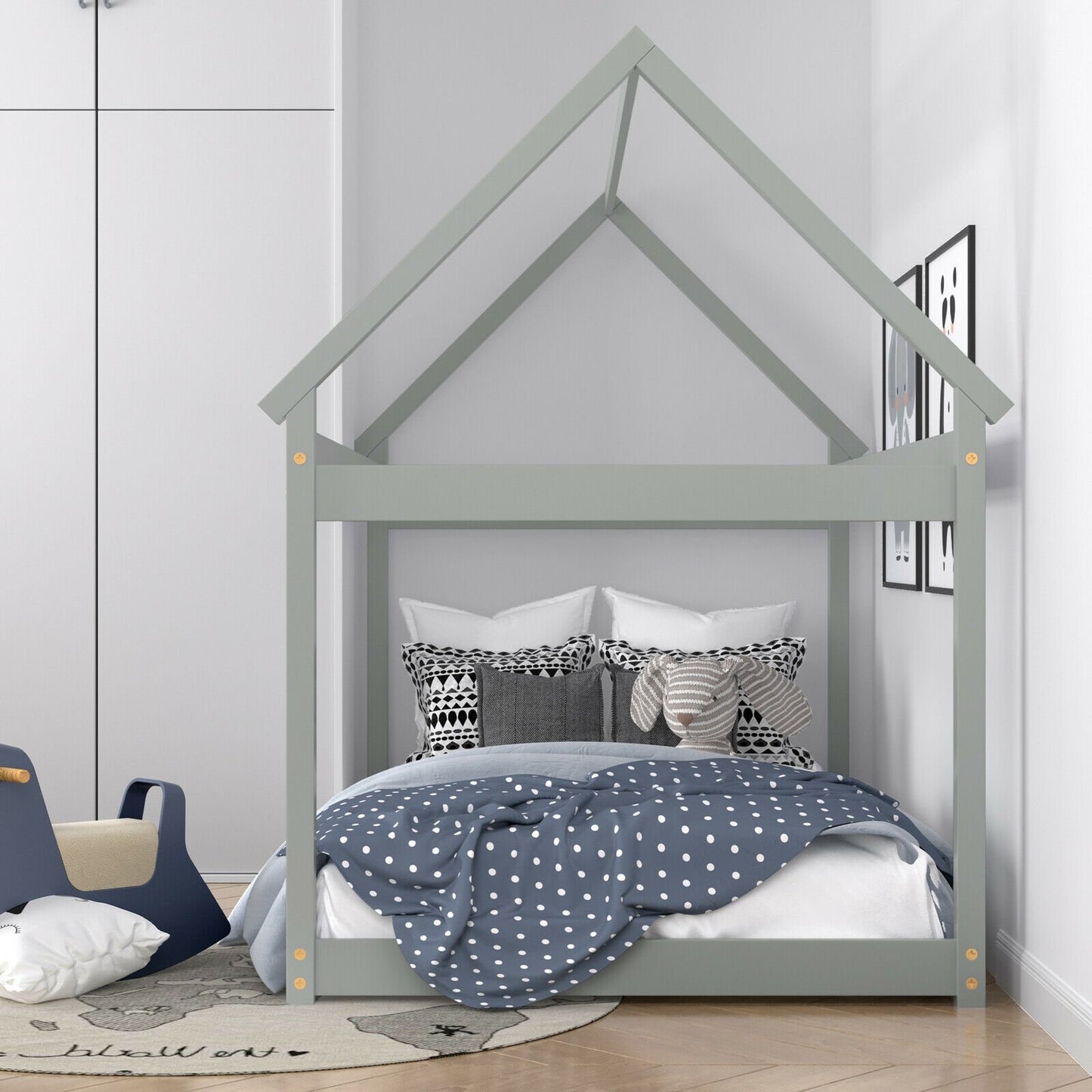 Stable Kids Platform Floor Bed with Roof and Heavy-Duty Slats, Gray Simple Bed Frame   at Gallery Canada