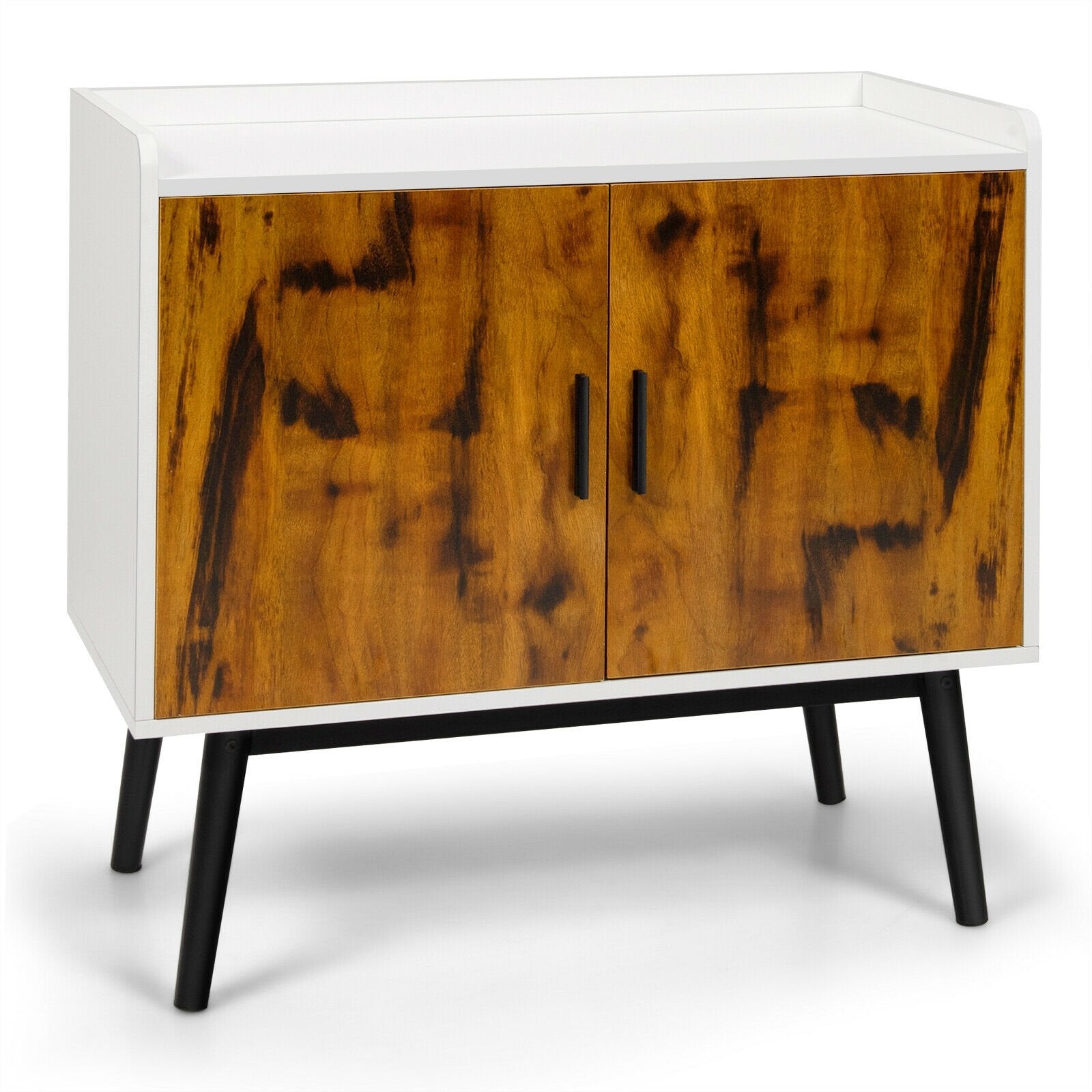 Mid-Century Wood Storage Cabinet with 2 Doors and Metal Legs for Entryway, Brown & White Sideboards Cabinets & Buffets   at Gallery Canada